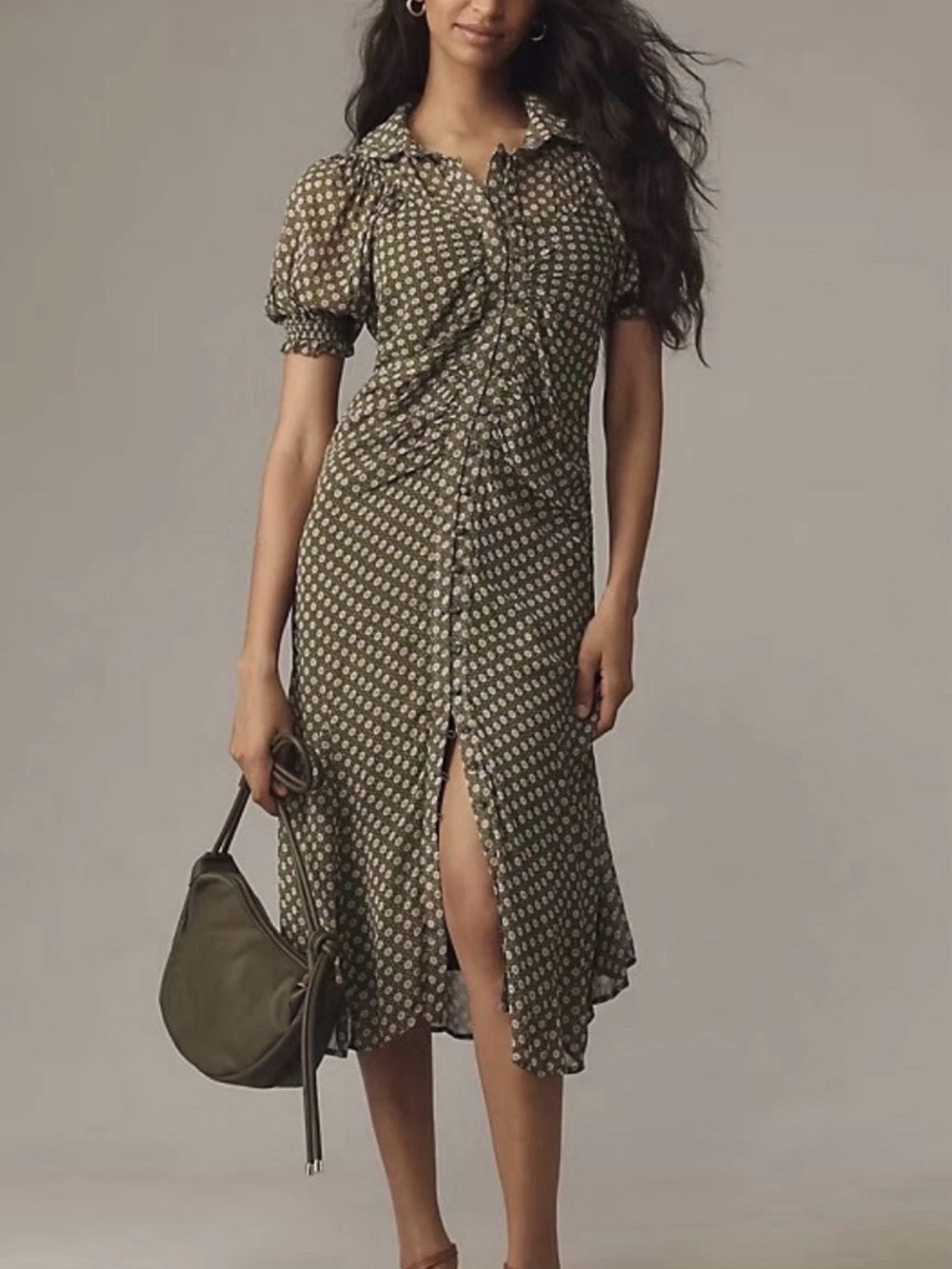 Anthropologie Puff-Sleeve Ruched Mesh Midi Shirt Dress Size 8